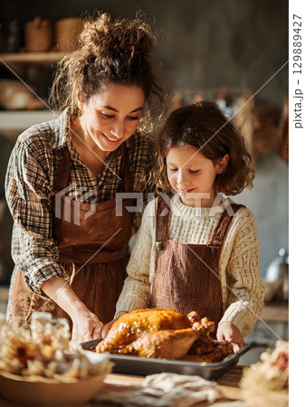 mother and child baking thanksgiving dessert together 129889427