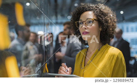 businesswoman writing digital notes on tablet during team meeting in glass office 129889472