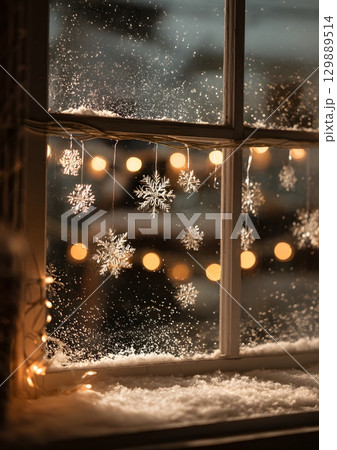 window view with snowflakes and Christmas lights inside window view with snowflakes and Christmas lights inside 129889514