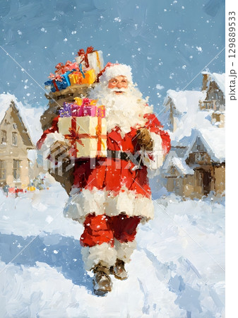 Santa Claus delivering gifts in snowy village 129889533