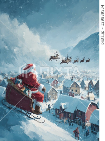Santa Claus delivering gifts in snowy village 129889534