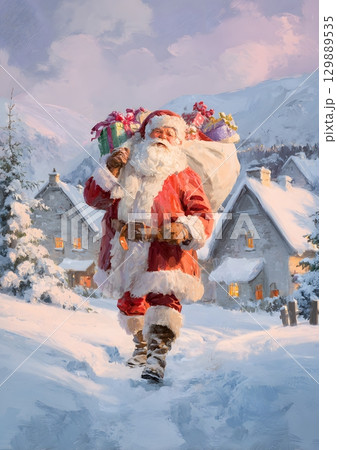 Santa Claus delivering gifts in snowy village 129889535
