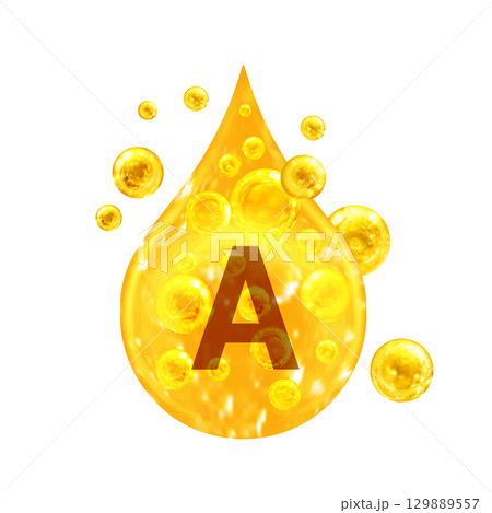Vitamin A. Images golden drop and balls with oxygen bubbles. Health concept. Isolated 129889557
