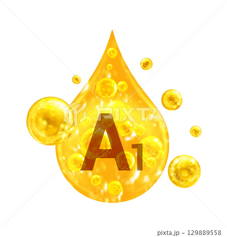 Vitamin A1. Images golden drop and balls with oxygen bubbles. Health concept. Isolated  129889558