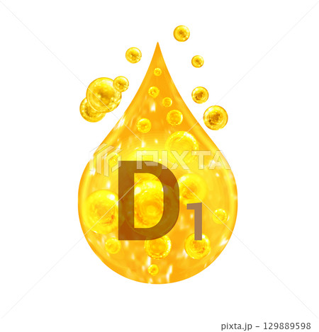 Vitamin D1. Images golden drop and balls with oxygen bubbles. Health concept. Isolated  129889598