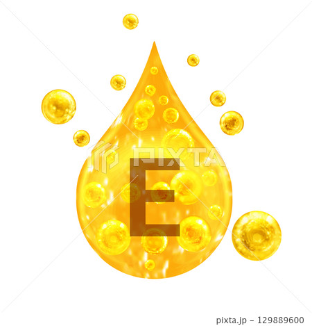 Vitamin E. Images golden drop and balls with oxygen bubbles. Health concept. Isolated  129889600