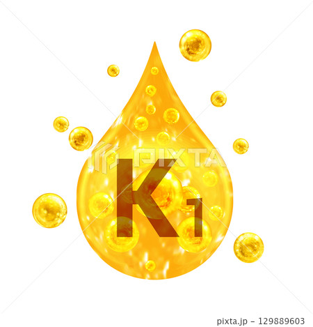 Vitamin K1. Images golden drop and balls with oxygen bubbles. Health concept. Isolated  129889603