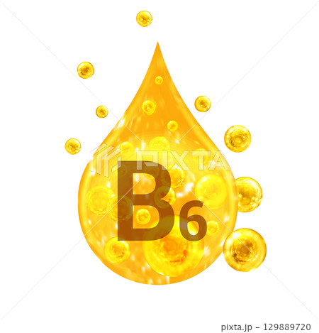Vitamin B6. Images golden drop and balls with oxygen bubbles. Health concept. Isolated Vitamin B6. Images golden drop and balls with oxygen bubbles. Health concept. Isolated 129889720