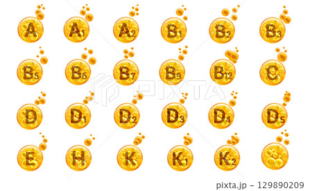 Set of vitamins icons. Golden balls with bubbles isolated on white background. Healthy lifestyle concept. 129890209
