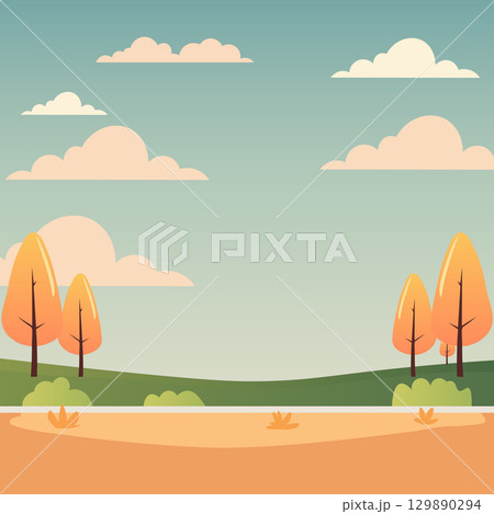 Minimal flat vector autumn scenery with colorful trees, rolling hills, and soft cloudy sky. Designed as a seasonal background for cards, covers, and digital projects. Minimal flat vector autumn scenery with colorful trees, rolling hills, and soft cloudy sky. Designed as a seasonal background for cards, covers, and digital projects. 129890294