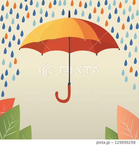 Vector illustration of autumn umbrella under blue raindrops with green leaves in the background. Seasonal rainy weather design for posters, flyers, and digital projects. 129890298