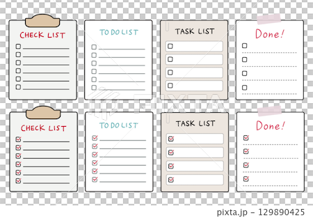チェックボックスがあるチェックリスト、TODOリスト、タスクリスト。シンプルアイコンセット 129890425