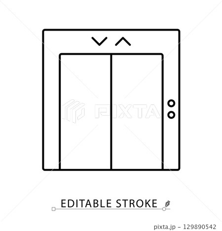 Elevator line icon with editable stroke. Vector outline of lift doors with arrows. Minimalist symbol for hotel, building, transportation, service, accessibility and travel design. Elevator line icon with editable stroke. Vector outline of lift doors with arrows. Minimalist symbol for hotel, building, transportation, service, accessibility and travel design. 129890542