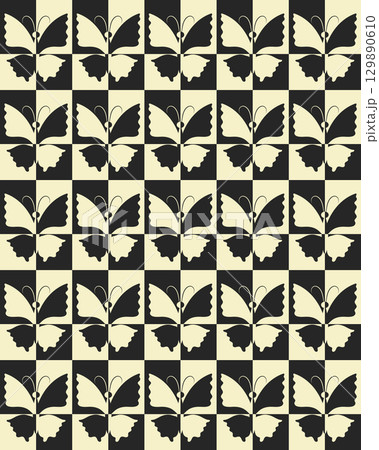 Checker board, butterfly silhouette symbol seamless pattern. Decorative geometrical grid. Black white vintage colour palette. Graphic classical design, ornamental background. Vector illustration 129890610