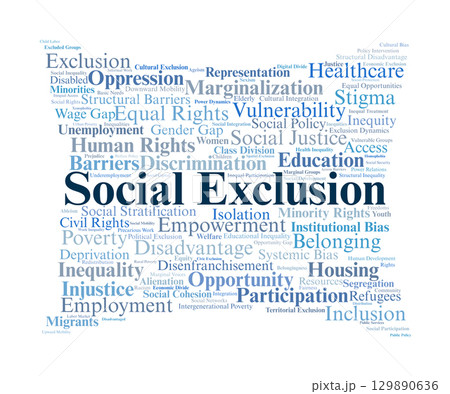 Social Exclusion Word Cloud. Key Concepts On Inequality, Marginalization, Rights, Barriers, Vulnerability, And Pathways Toward Inclusion And Justice In Society. 129890636