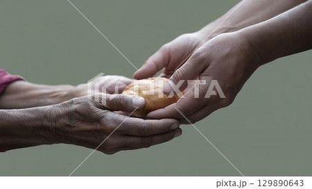 A person passing a round bread roll to another person with wrinkled hands A person passing a round bread roll to another person with wrinkled hands 129890643