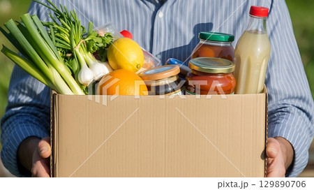 Hands of man holding box with groceries and food items highlighting charitable donation 129890706
