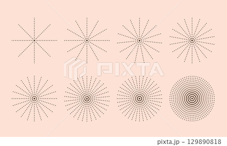 Abstract dotted line suns, stars, sunburst round vector illustrations. Simple radial circle frame, form with raises for logo, background. 129890818