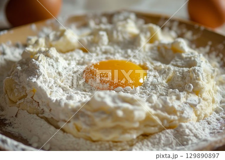 Close-up of egg yolk atop flour mound on plate, set in natural lighting. Background with eggshells and dough ingredients. Neural network AI generated 129890897