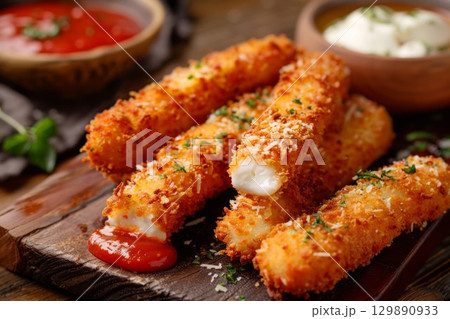 Golden mozzarella sticks on wooden board with marinara sauce. Warm lighting and garnished with herbs. Front view highlights texture and detail. Neural network AI generated 129890933