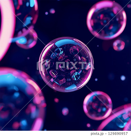 Elegant 12K Glassy Orbs with Neon Glow in Futuristic Space 129890957