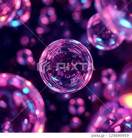 Elegant 12K Glassy Orbs with Neon Glow in Futuristic Space 129890959
