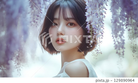 藤の花と若い女性ポートレート 129890964