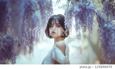 藤の花に囲まれる女性 129890970
