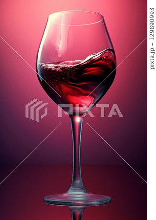Wine glass filled with red wine. The wine glass stands tall, showcasing the rich red wine. Elegant glass, perfect for savoring isolated on violet burgundy background. Generated AI 129890993