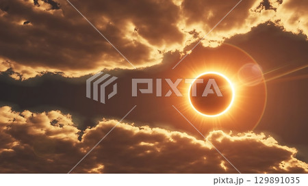 Rare solar eclipse with glowing corona and illuminated clouds in dramatic sky showing cosmic alignment Rare solar eclipse with glowing corona and illuminated clouds in dramatic sky showing cosmic alignment 129891035