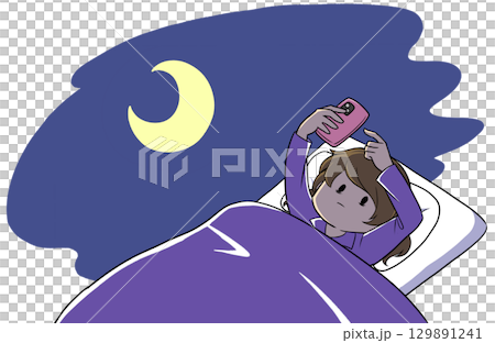スマホを触りながら夜更かしする女性のイラスト 129891241