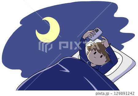 スマホを触りながら夜更かしする男性のイラスト スマホを触りながら夜更かしする男性のイラスト 129891242