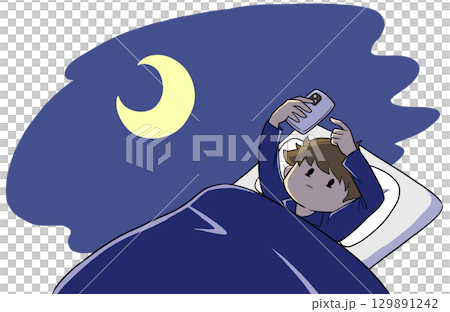 一名男子熬夜玩智慧型手機的插圖 129891242