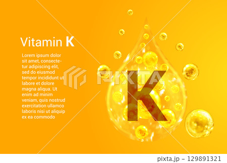Vitamin K. Baner with vector images of golden drops with oxygen bubbles. Health concept. 129891321