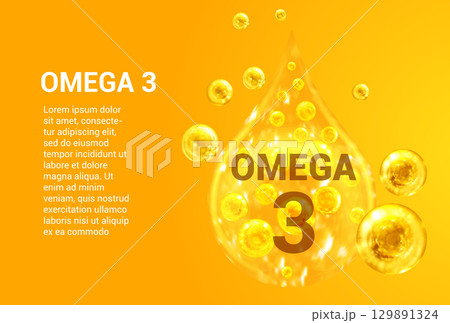 Vitamin OMEGA 3. Baner with vector images of golden drops with oxygen bubbles. Health concept. 129891324