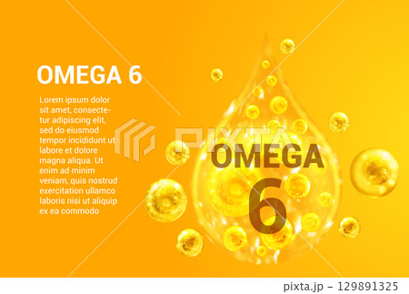 Vitamin OMEGA 6. Baner with vector images of golden drops with oxygen bubbles. Health concept. 129891325