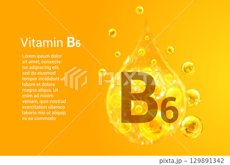 Vitamin B6. Baner with vector images of golden drops with oxygen bubbles. Health concept. Vitamin B6. Baner with vector images of golden drops with oxygen bubbles. Health concept. 129891342