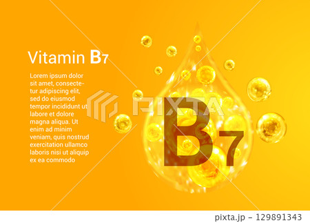 Vitamin B7. Baner with vector images of golden drops with oxygen bubbles. Health concept. 129891343