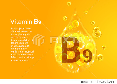 Vitamin B9. Baner with vector images of golden drops with oxygen bubbles. Health concept. 129891344