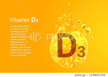 Vitamin D3. Baner with vector images of golden drops with oxygen bubbles. Health concept. Vitamin D3. Baner with vector images of golden drops with oxygen bubbles. Health concept. 129891349