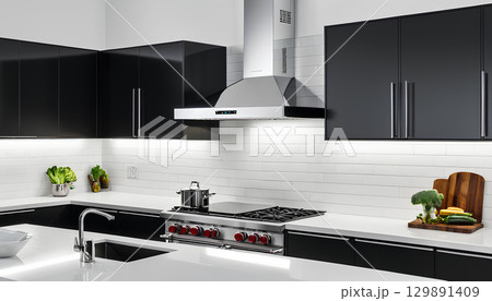 modern kitchen with stainless steel on top 129891409