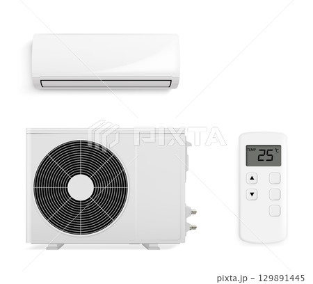 3D realistic air conditioner complete set with split system and remote on pure white background. 129891445