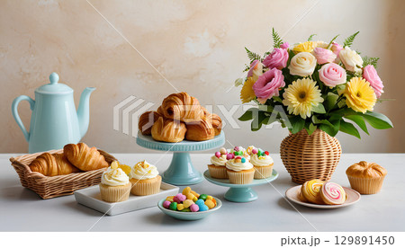 easter cake and colorful eggs on a white background easter cake and colorful eggs on a white background 129891450