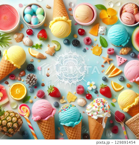 colorful ice cream cones, cones, top view colorful ice cream cones, cones, top view 129891454