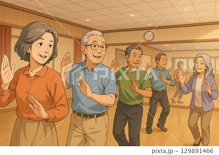 日本のダンスサークルで踊る高齢者 129891466