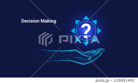 Decision making concept. Question mark inside a circle and arrows pointing in different directions. 129891492