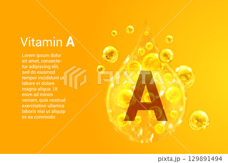 Vitamin A. Baner with vector images of golden drops with oxygen bubbles. Health concept. 129891494
