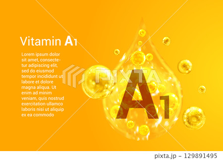 Vitamin A1. Baner with vector images of golden drops with oxygen bubbles. Health concept. 129891495