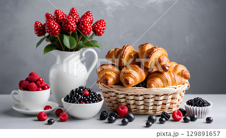 fresh croissants with berries 129891657