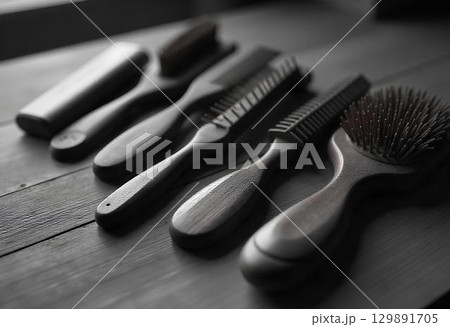 professional hairdresser tools on wooden background 129891705